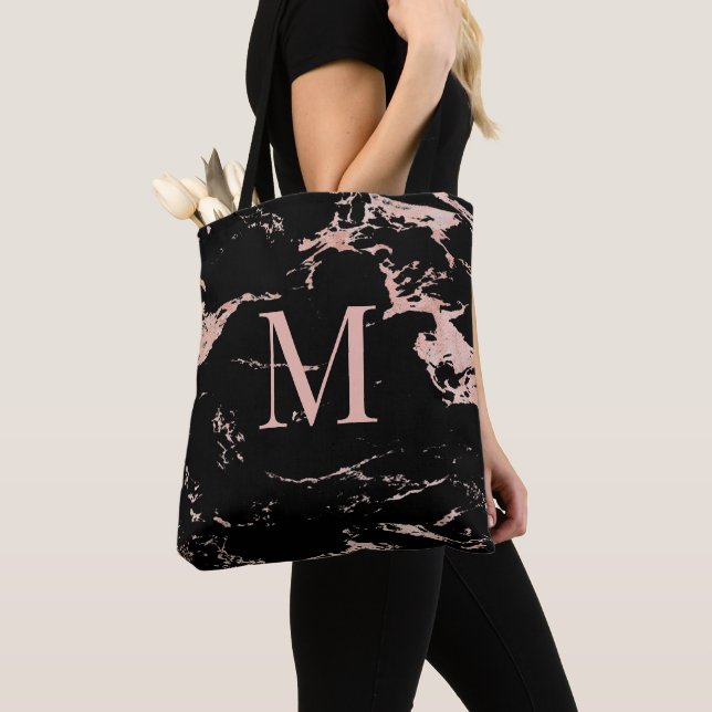 Elegante Rose Gold Foil Black Marble Monogramm (Von Nahem)