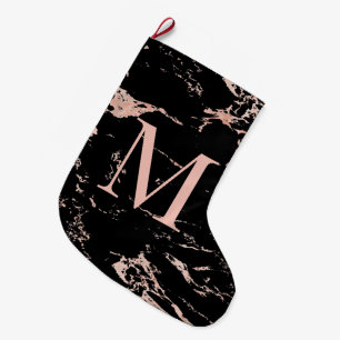Elegante Rose Gold Foil Black Marble Monogramm Großer Weihnachtsstrumpf