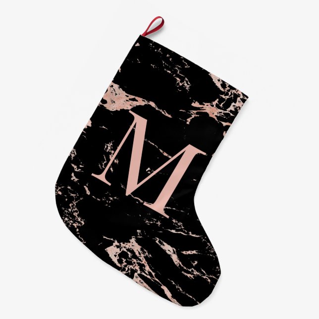 Elegante Rose Gold Foil Black Marble Monogramm Großer Weihnachtsstrumpf (Vorderansicht (hängend))