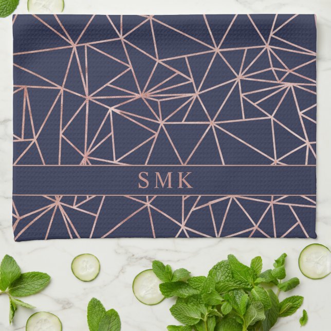 Elegante Rose Gold Foil Geometric Polygon Navy Blu Geschirrtuch (Gefaltet)