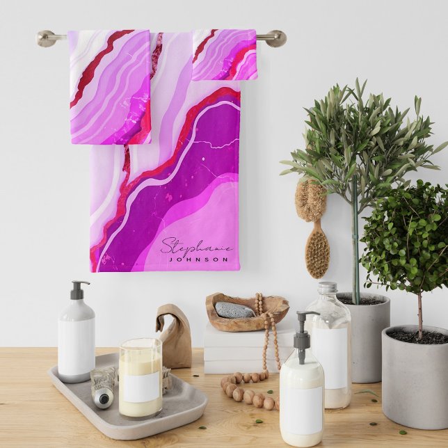 Elegante Rose Gold Foil Rosa Marmor Monogramm Badhandtuch Set (Elegant Rose Gold Foil Pink Marble Monogram Bath Towel Set)