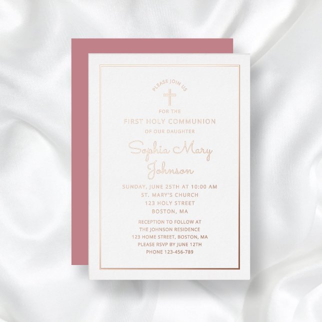 Elegante Rose Gold Foil Script Rosa Erste Kommune Folieneinladung (Elegant Rose Gold Foil Script Pink First Communion Foil Invitation)