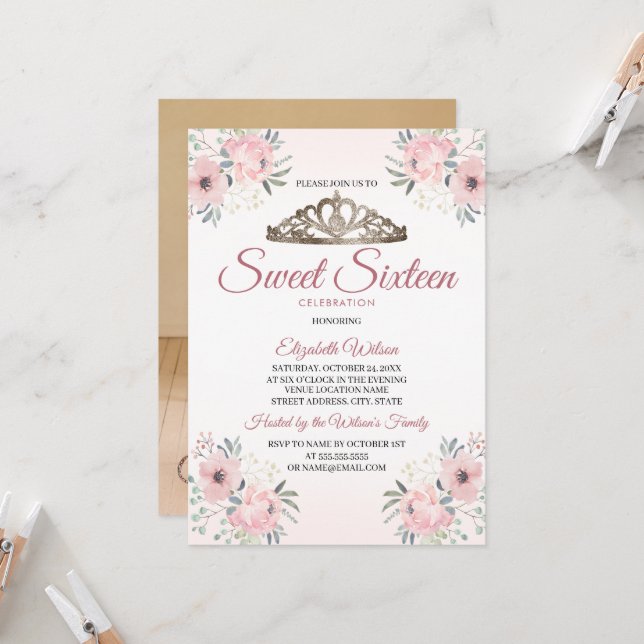 Elegante Rose Gold Foto Sweet 16 Einladung (Vorderseite/Rückseite Beispiel)