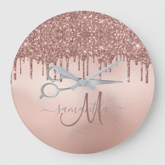 Elegante Rose Gold Friseurschere Mit Monogramm Große Wanduhr (Vorderseite)