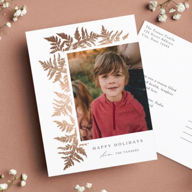 Elegante Rose Gold Garland 2 Foto Weihnachten (Elegant rose gold ferns photo holiday postcard.)
