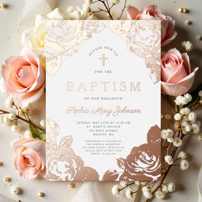 Elegante Rose Gold Girl Taufe Folieneinladung (Elegant Floral Rose Gold Girl Baptism Foil Invitation)