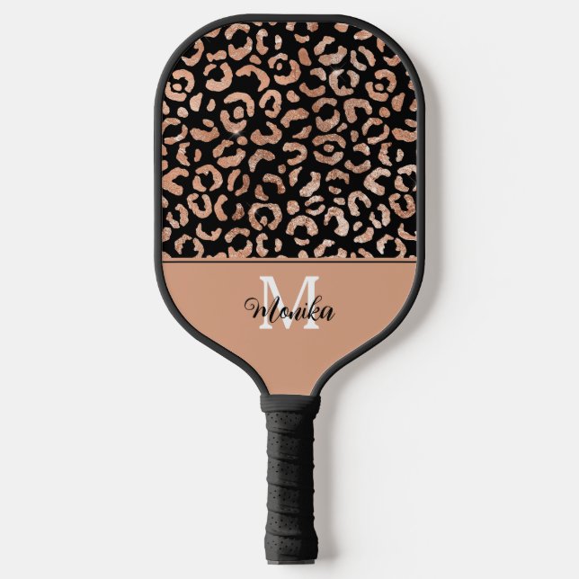 Elegante Rose Gold Glam Leopard personalisiert Pickleball Schläger (Vorderseite)