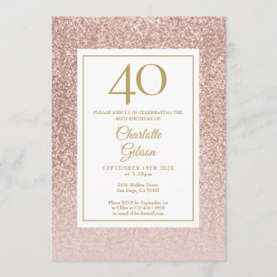 Elegante Rose Gold Glitter 40. Geburtstag Einladung
