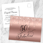 Elegante Rose Gold Glitzer 50. Geburtstagsparty Einladungspostkarte<br><div class="desc">Chic und elegant 50. Geburtstag Party Postcard Einladung. "50 & Fabulous" ist in stilvollem Skript vor einer Rose goldener Hintergrund und Rose Gold Imitate Glitzer tropfen von oben geschrieben. Einfach mit ihrem Namen und den Details zum 50. Geburtstag auf der Rückseite personalisieren.</div>