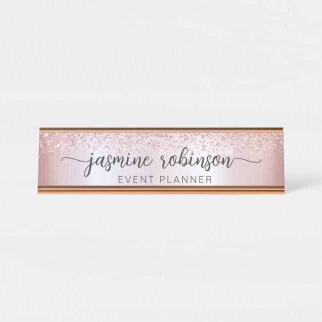 Elegante Rose Gold Glitzer Beruflich Monogram Schreibtischnamensplakette (Vorderseite )