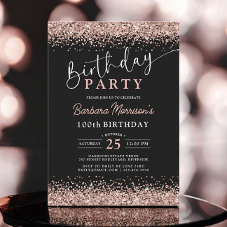 Elegante Rose Gold Glitzer Black 100. Geburtstag Einladung
