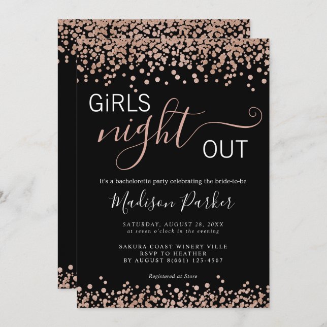 Elegante Rose Gold Glitzer Black Bachelorette Einladung (Vorne/Hinten)