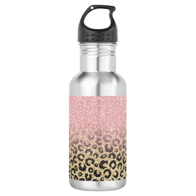 Elegante Rose Gold Glitzer Black Leopard Print Edelstahlflasche (Vorderseite)