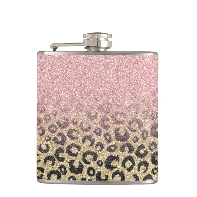 Elegante Rose Gold Glitzer Black Leopard Print Flachmann (Vorderseite)