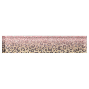 Elegante Rose Gold Glitzer Black Leopard Print Namensplakette