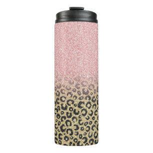 Elegante Rose Gold Glitzer Black Leopard Print Thermosbecher