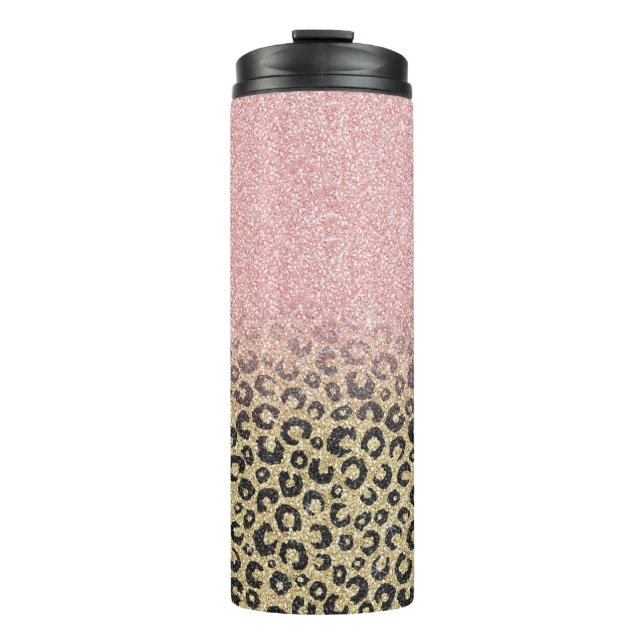 Elegante Rose Gold Glitzer Black Leopard Print Thermosbecher (Vorderseite)