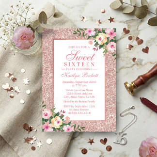 Elegante Rose Gold Glitzer Blumensaft 16 Geburtsta Einladung