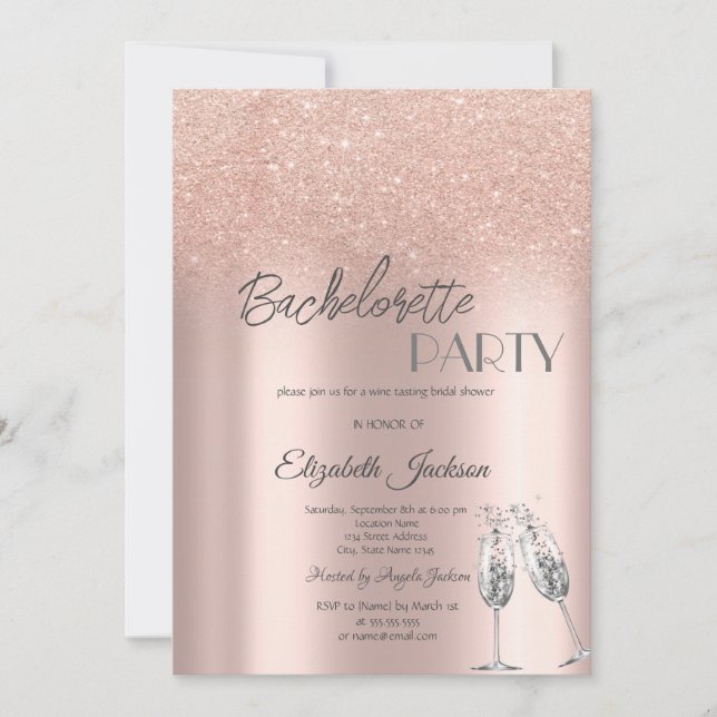 Elegante Rose Gold Glitzer Bokeh Bachelorette Einladung (Vorderseite)