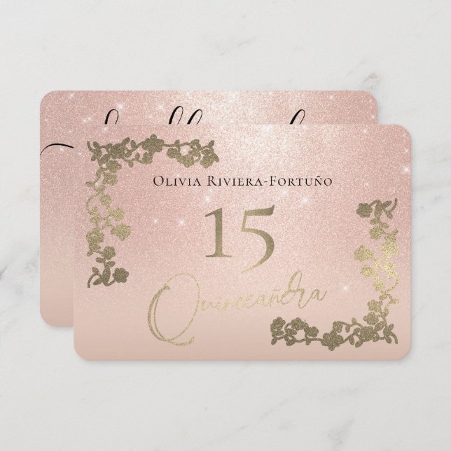 Elegante Rose Gold Glitzer Chic Floral Quinceanera RSVP Karte (Vorne/Hinten)