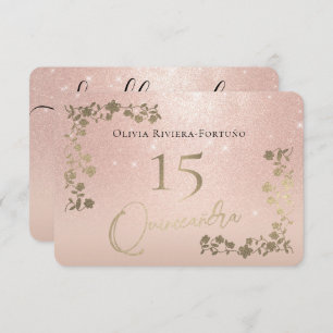 Elegante Rose Gold Glitzer Chic Floral Quinceanera RSVP Karte
