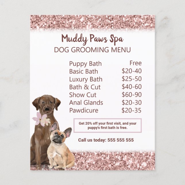 Elegante Rose Gold Glitzer Dog Grooming Menu Flyer (Vorne)