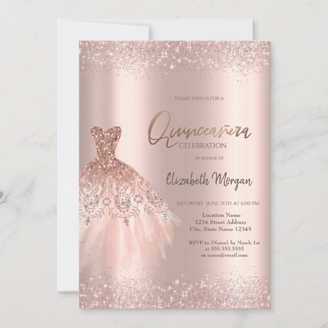 Elegante Rose Gold Glitzer Dress Dusty Quinceañera Einladung (Vorderseite)