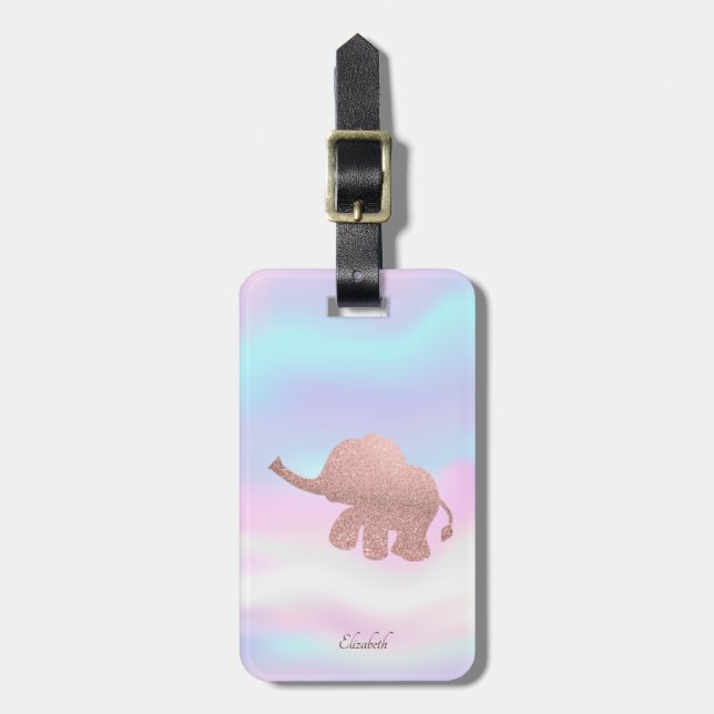 Elegante Rose Gold Glitzer Elephant Holographic Gepäckanhänger (Vorderseite vertikal)