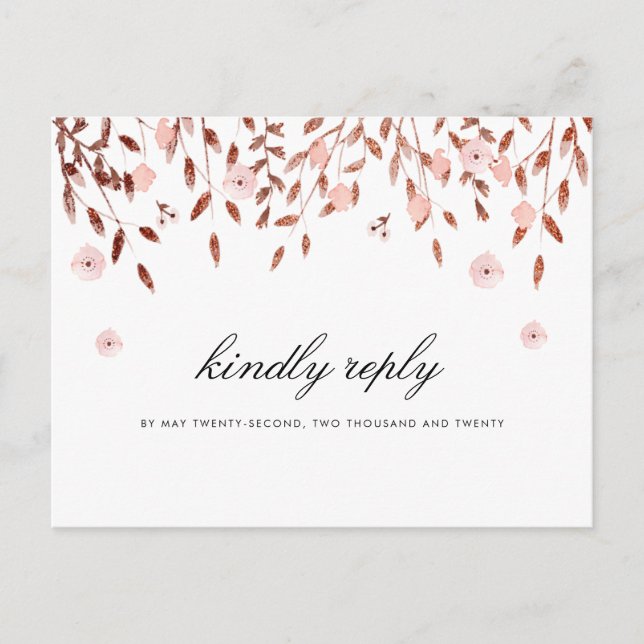 Elegante Rose Gold Glitzer | Floral Wedding RSVP Einladungspostkarte (Vorderseite)