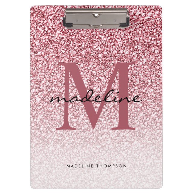 Elegante Rose Gold Glitzer Girly Monogram Klemmbrett (Vorderseite)