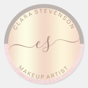 Elegante Rose Gold Glitzer & Grau Make-up Künstler Runder Aufkleber
