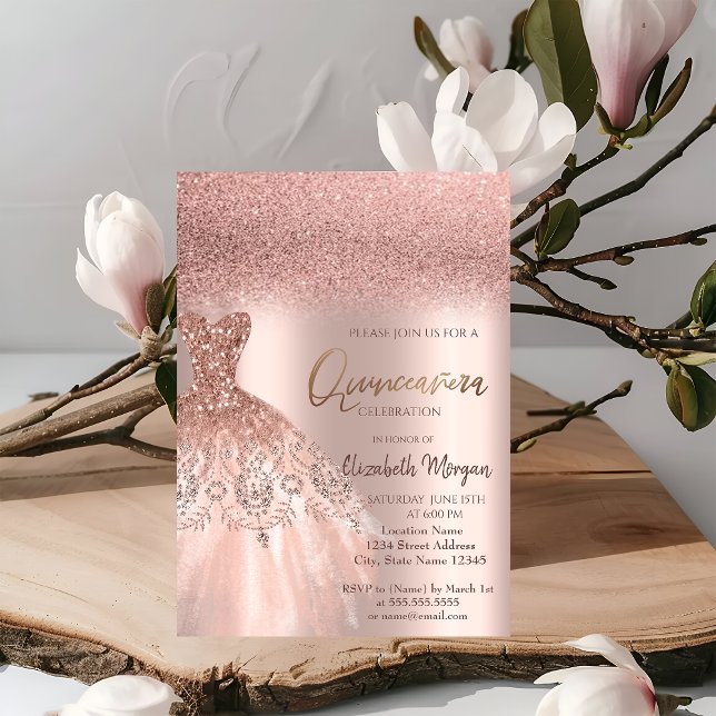 Elegante Rose Gold Glitzer Kleid Quinceañera Invit Einladung (Von Creator hochgeladen)