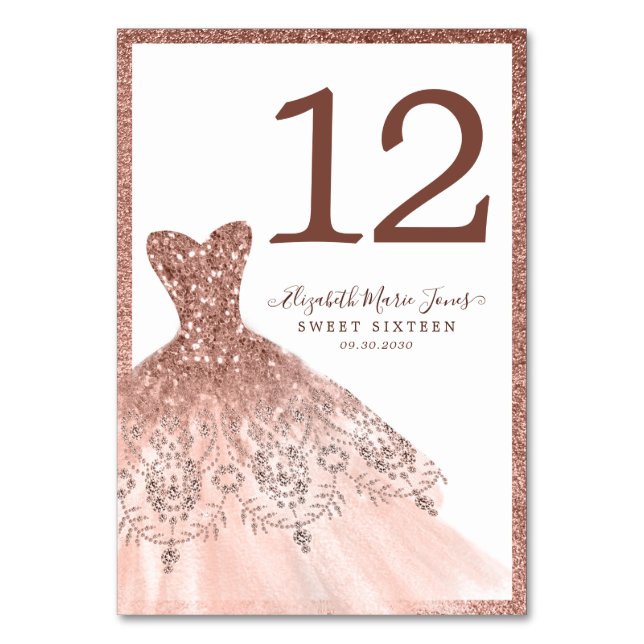 Elegante Rose Gold Glitzer Kleid Sweet 16 Geburtst Tischnummer (Vorderseite)