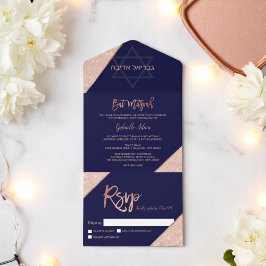 Elegante Rose Gold Glitzer Marineblau Bat Mitzvah All In One Einladung