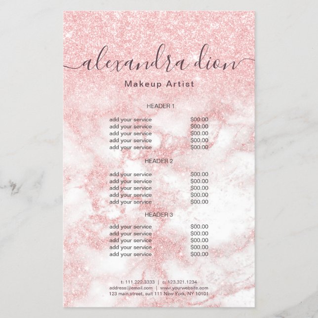 Elegante Rose Gold Glitzer Marmor Makeup Künstler Flyer (Vorne)