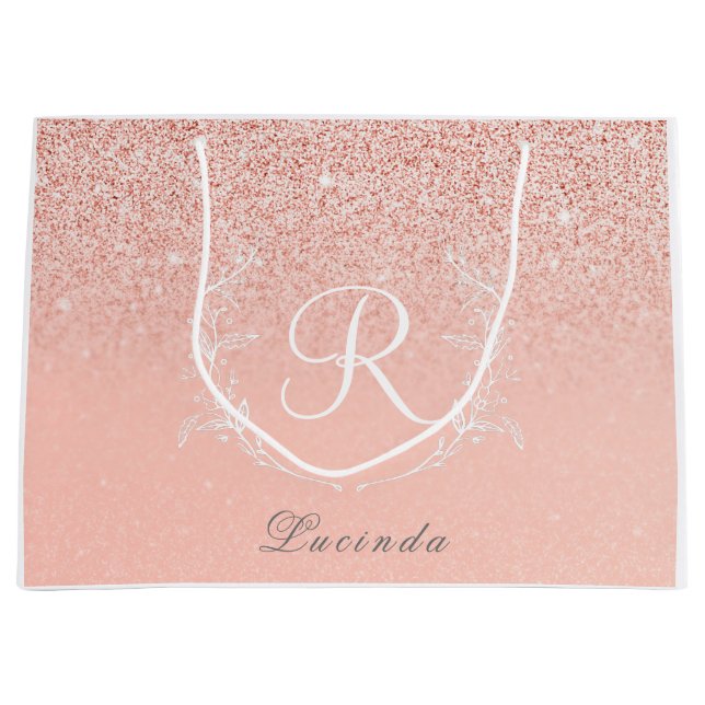 Elegante Rose Gold Glitzer Monogram Große Geschenktüte (Vorderseite)