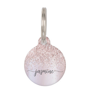 Elegante Rose Gold Glitzer Monogram Name Script Haustiermarke