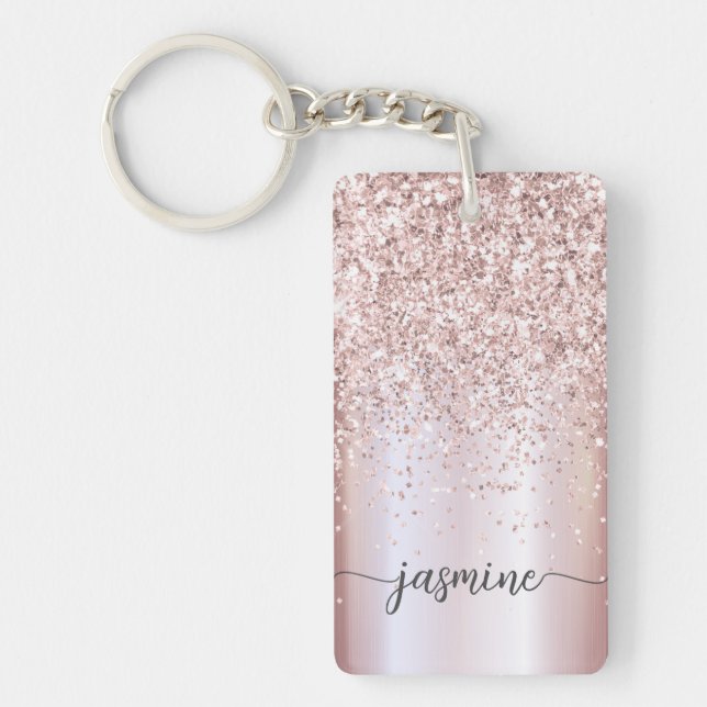 Elegante Rose Gold Glitzer Monogram Name Script Schlüsselanhänger (Vorderseite)