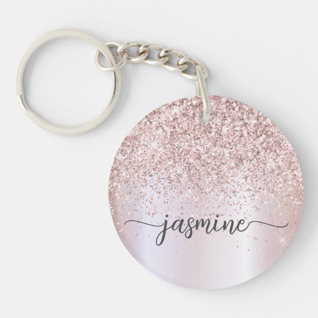 Elegante Rose Gold Glitzer Monogram Name Script Schlüsselanhänger (Vorderseite)