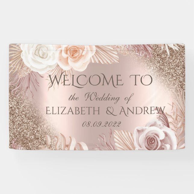 Elegante Rose Gold Glitzer Ombre Boho Blume Banner (Horizontal)