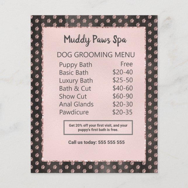 Elegante Rose Gold Glitzer Paws Dog Grooming Menu Flyer (Vorne)
