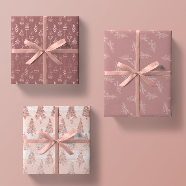Elegante Rose Gold Glitzer Rosa Weihnachts-Trio-Ge Geschenkpapier Set (Von Creator hochgeladen)