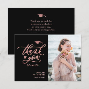 Elegante Rose Gold Glitzer Script Foto Abschluss Dankeskarte