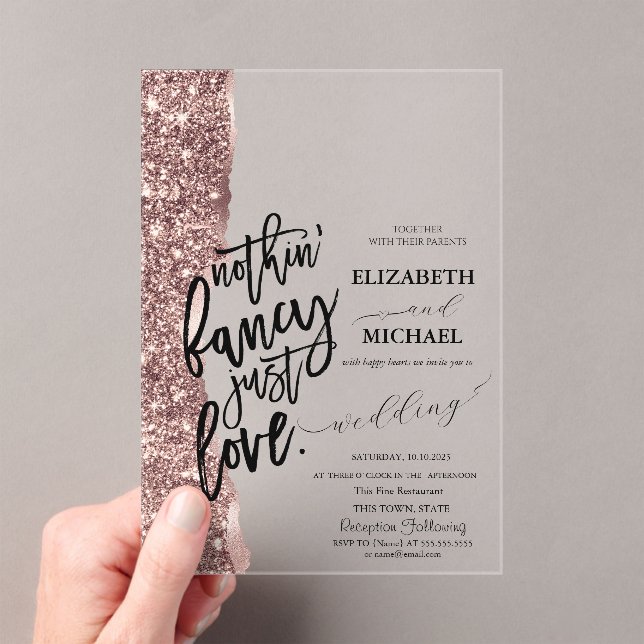 Elegante Rose Gold Glitzer Script Hochzeit Acryleinladungen (Insitu (Handheld))