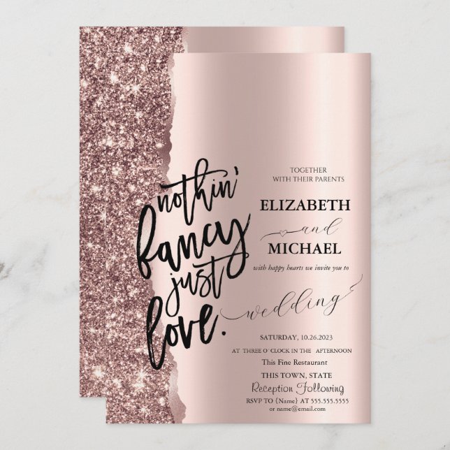 Elegante Rose Gold Glitzer Script Hochzeit Einladung (Vorne/Hinten)