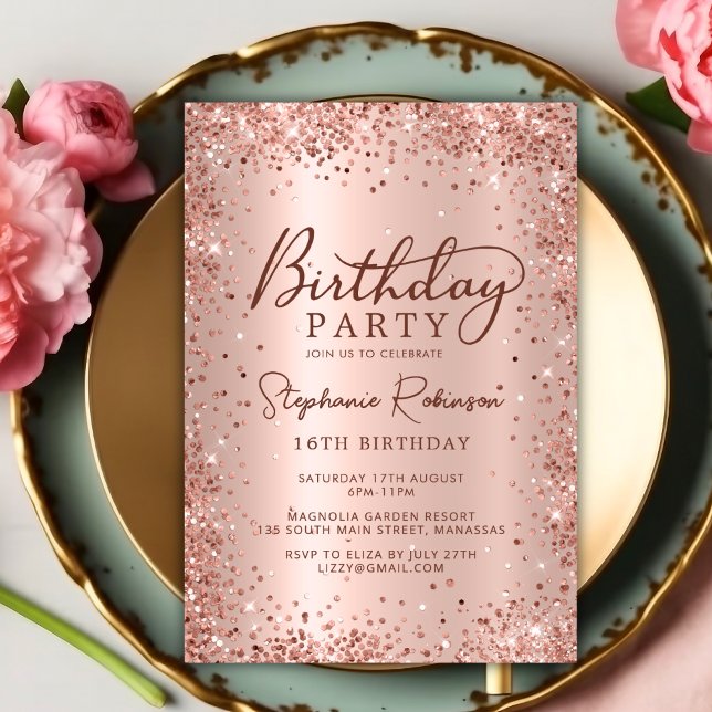 Elegante Rose Gold Glitzer Sweet 16 Geburtstag Einladung (Von Creator hochgeladen)