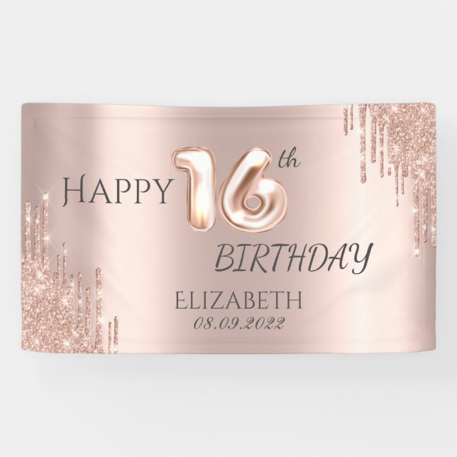 Elegante Rose Gold Glitzer Tropfen 16. Geburtstag Banner (Horizontal)