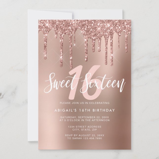 Elegante Rose Gold Glitzer Tropfen 16 . Geburtstag Einladung (Vorderseite)