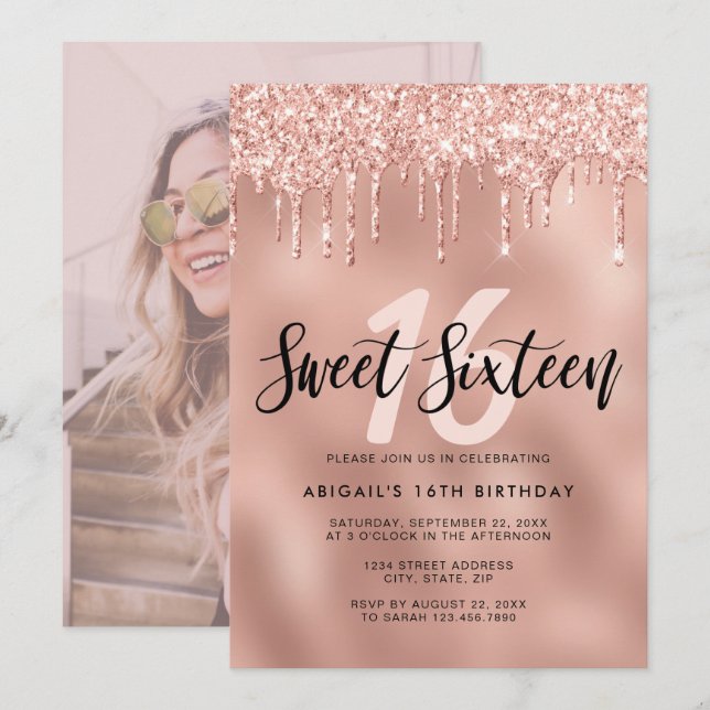 Elegante Rose Gold Glitzer Tropfen 16 . Geburtstag Einladung (Vorne/Hinten)