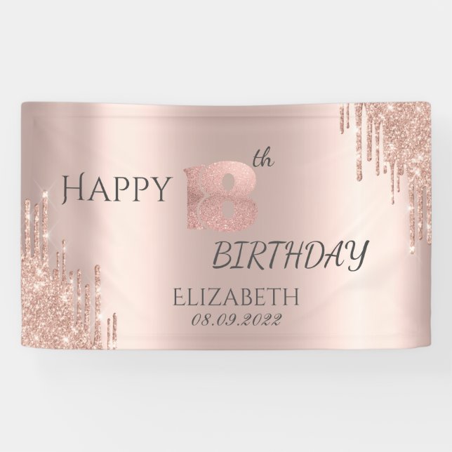 Elegante Rose Gold Glitzer Tropfen 18. Geburtstag Banner (Horizontal)